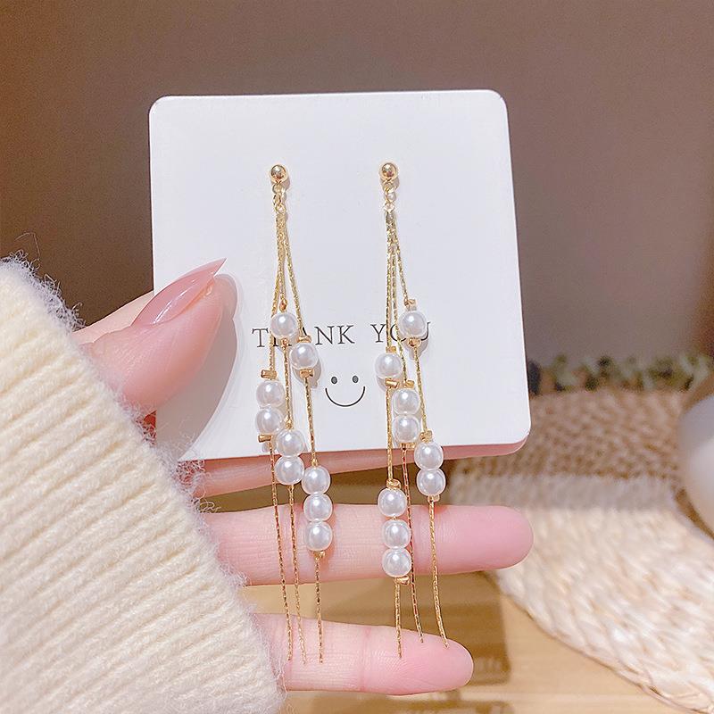 韩国气质流苏耳环女长款珍珠耳坠简约时尚s925纯银针网红耳饰韩风