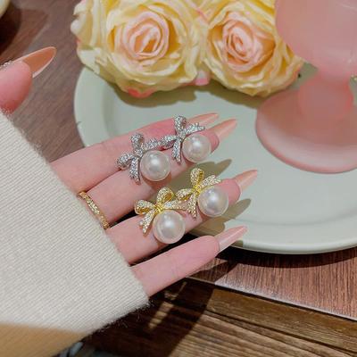 925银针镶锆石蝴蝶结珍珠耳钉轻奢高级感耳环精致时尚小众耳饰女