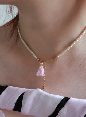 奶酪cheese宫廷风粉流苏项链 极细珍珠闪片前后两戴锁骨链 东方美