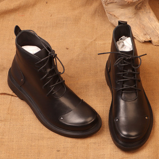 真皮马丁靴男头层牛皮圆头加绒大码厚底手工鞋软皮系带工装大头鞋