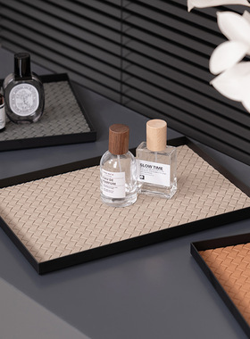 轻奢方形编织纹皮革玄关桌面钥匙杂物收纳盒酒店置物香薰蜡烛托盘