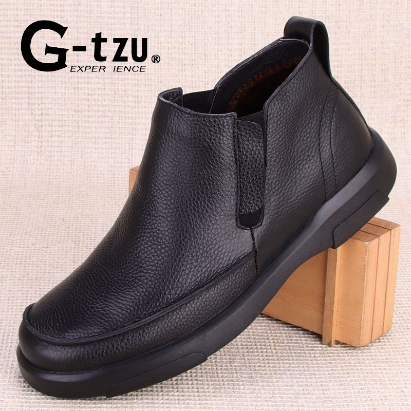 GTZU马丁靴男真皮冬季加绒防寒保暖休闲皮鞋牛皮套脚高帮男士棉鞋
