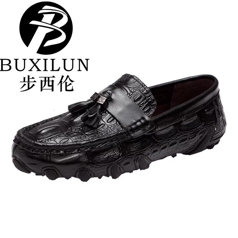 步西伦2025新款夏季百搭豆豆鞋真皮大码个性休闲懒人鳄鱼纹皮鞋男
