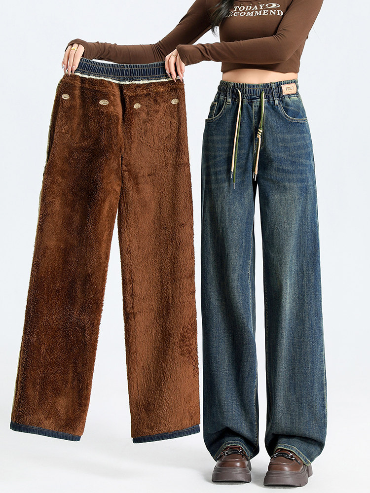 加绒牛仔裤女冬季松紧腰加厚羊羔绒宽松显瘦小个子窄版直筒阔腿裤