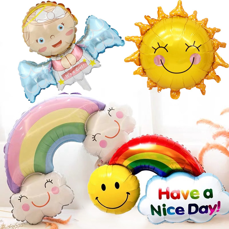 气球卡通儿童生日装饰布置马卡龙彩色彩虹铝膜地推充气大气球飘空