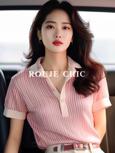 t恤女减龄时尚 rouje chic法式 撞色条纹正肩短袖 显瘦甜美百搭上衣