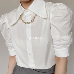 法国Rouje Chic法式尖领纯色泡泡袖衬衫高级感小众衬衣女夏薄款