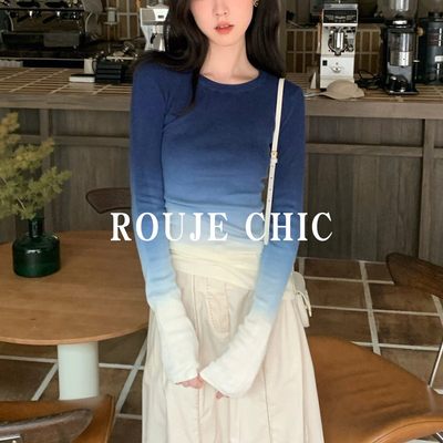 法国Rouje Chic法式复古渐变色显瘦长袖t恤女春季设计感小众修身