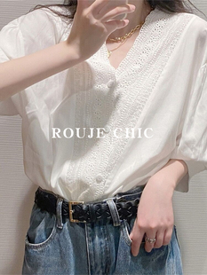 白色衬衣女设计感小众短袖 法国Rouje 花边v领泡泡袖 衬衫 Chic法式