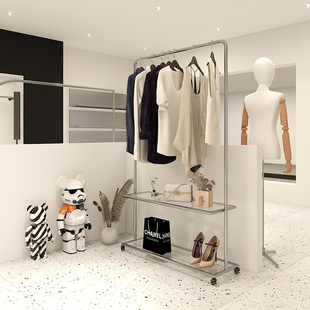 服装店展示架不锈钢落地式橱窗挂衣架移动女装陈列货架玻璃带轮子