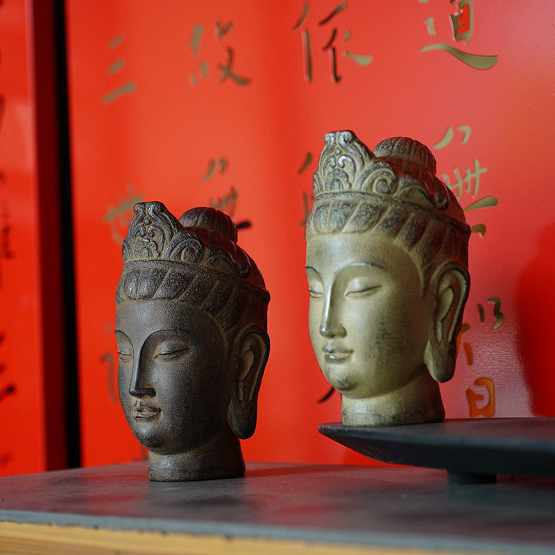 复古佛头摆件禅意书房茶室桌面装饰别墅花园庭院造景树脂工艺品