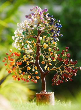 跨境热销天然水晶七彩碎石树桩底座发财树水晶工艺品家居桌面摆件