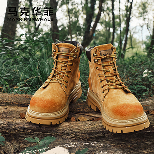 马克华菲马丁靴男冬季2024新款短靴加绒保暖工装靴英伦复古大黄靴