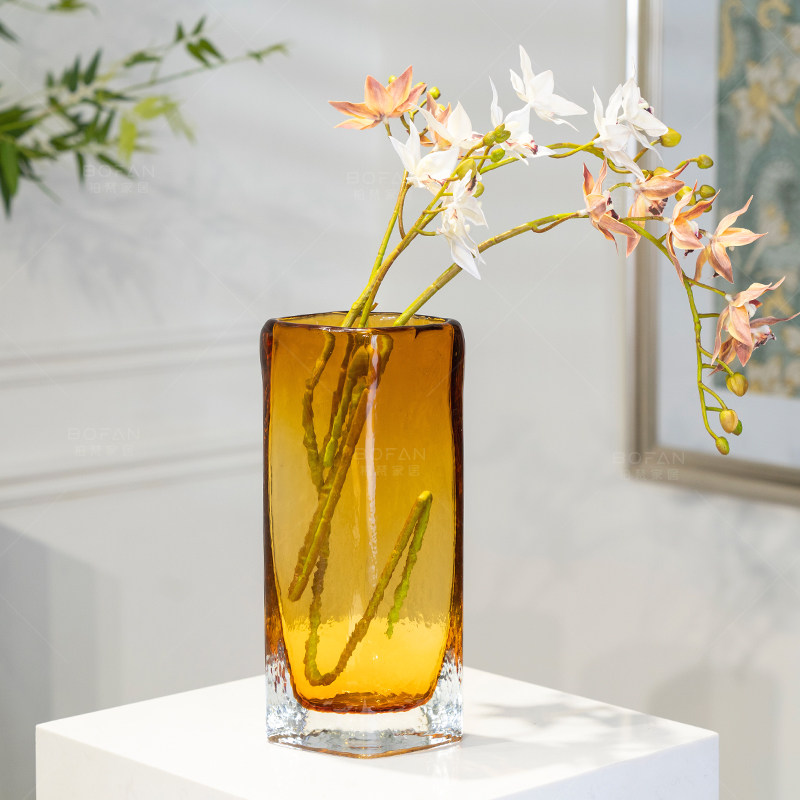 柏梵轻奢琥珀色玻璃花瓶样板房客厅餐桌插花装饰花器高档艺术加厚