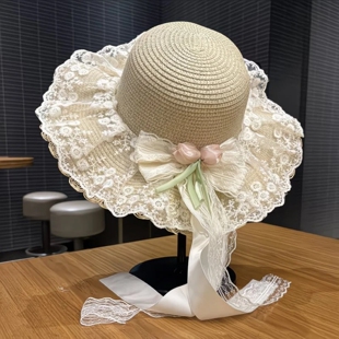 原创帽子海边lolita帽子甜美蝶结波浪草帽森系田园防晒遮阳沙滩帽