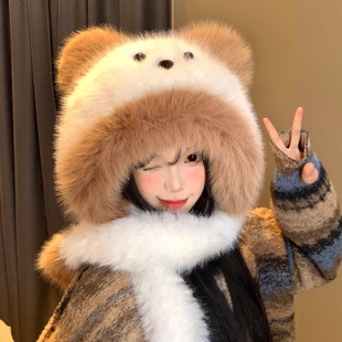 可爱小熊毛绒帽子围巾一体女秋冬季加绒加厚保暖防寒护耳雷锋帽子
