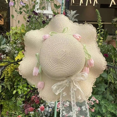 园风森系蝴蝶结蕾丝草帽女夏季花朵郁金香大帽檐防晒帽海边沙滩田