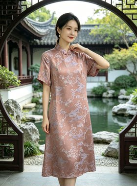 【桑蚕丝100%】粉黛山居｜园林山水桑蚕丝立领盘扣短袖连衣裙6912