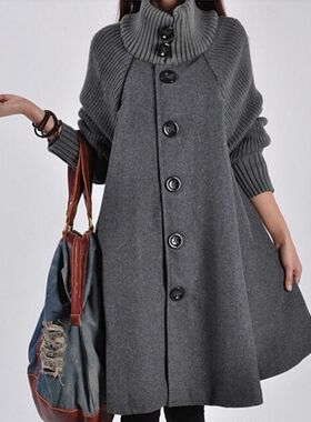 2018年秋冬季款大码女装中长款宽松呢子大衣斗篷毛呢风衣外套