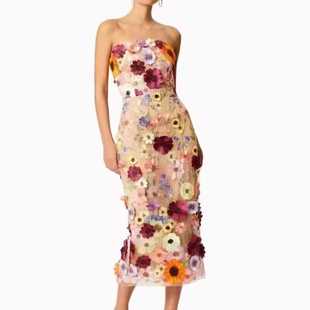 Embroidered evening dress 立体花朵刺绣修身包臀抹胸中长连衣裙