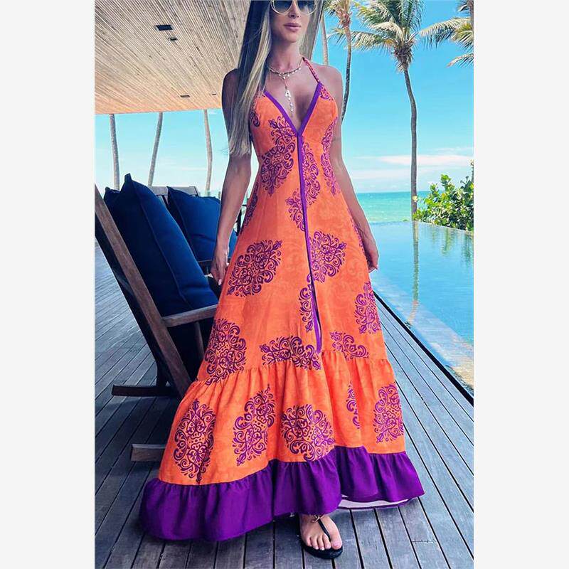 Printed V-neck halter dress海滩度假时尚印花V领吊带连衣裙女装