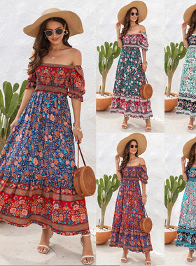 2024 Beach vacation  bubble sleeves dress 中长连衣裙
