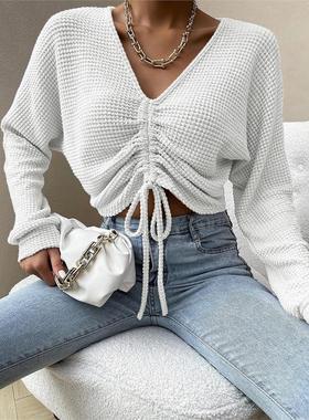 时尚百搭白色长袖抽绳休闲上衣女Women long sleeved casual top