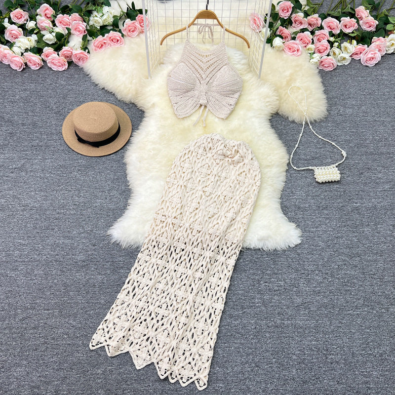 波西米亚度假风挂脖吊带背心性感百搭复古钩花镂空半身裙两件套潮