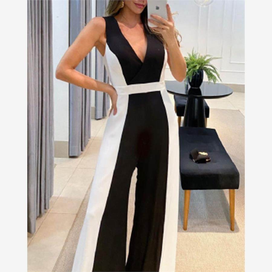 Sexy color-blocking jumpsuit性感拼色连体长裤-不带腰带