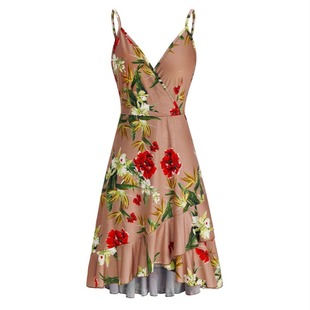 欧美速卖通夏季豹纹雏菊印花荷叶边不规则下摆吊带露背无袖连衣裙