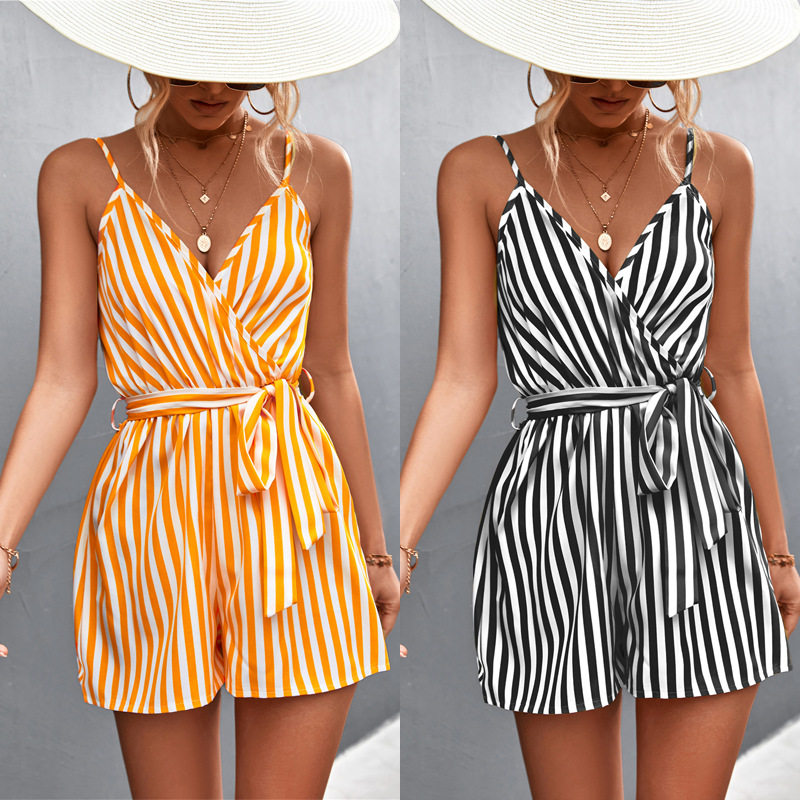 Women's 2022 ins sexy v-neck striped sling jumpsuit fashion