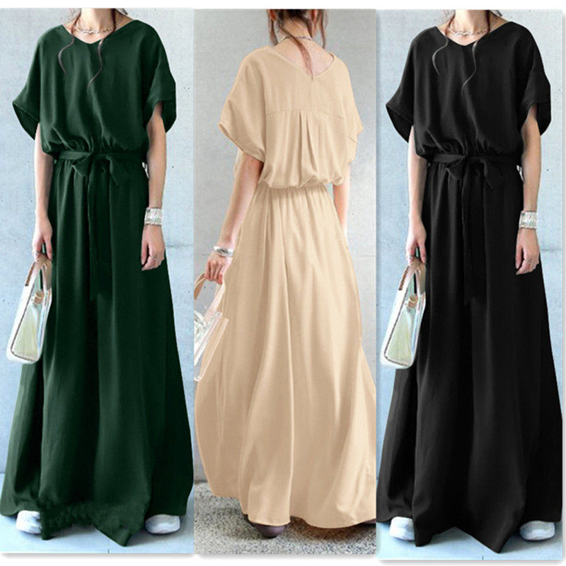 跨境日系V领腰带系带收短袖大摆连衣裙宽松大码超长拖地裙DRESS