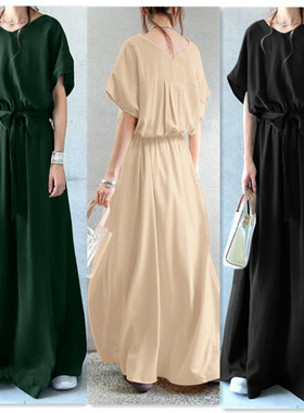 跨境日系V领腰带系带收短袖大摆连衣裙宽松大码超长拖地裙DRESS