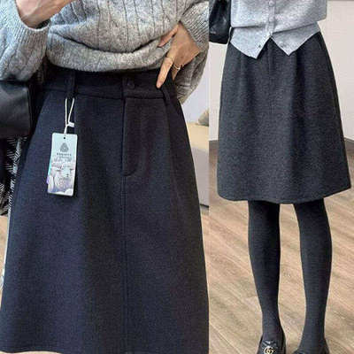 灰色毛呢半身裙藏肉花苞五分中裙