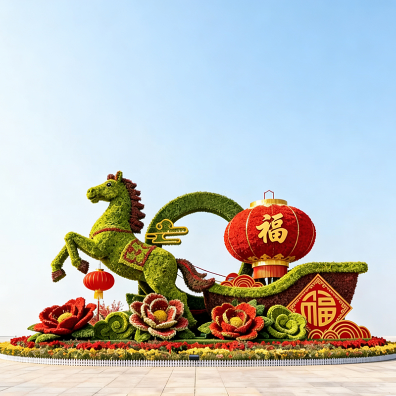 大型春节绿雕马造型仿真绿雕工艺品2026马年绿雕立体花坛装饰摆件
