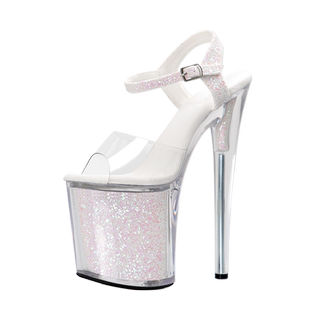 透明水晶细跟女凉鞋20厘米闪粉亮片小码小个子增高一体防断根舞鞋