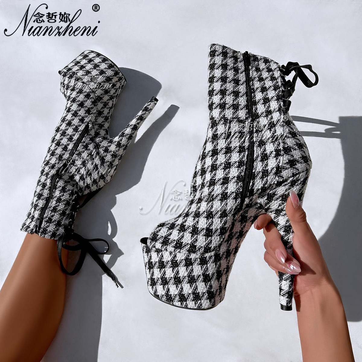 露趾绑带低筒短靴17厘米超高跟鞋恨天高细跟防水台大码裸靴钢管舞