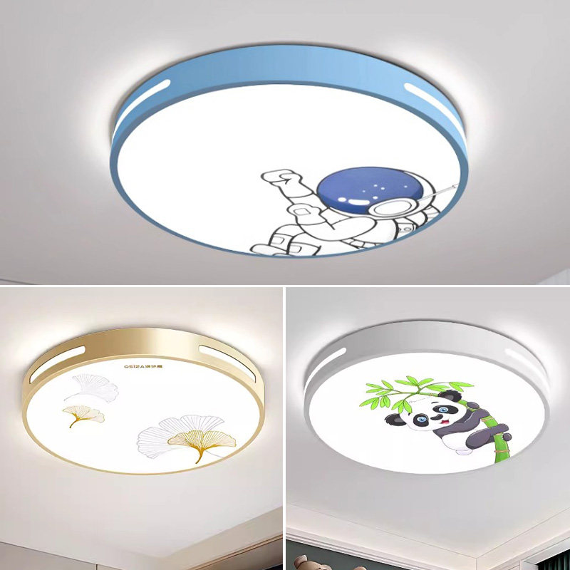 LED吸顶灯儿童房圆形卧室灯护眼宇航员熊猫图案房间灯具