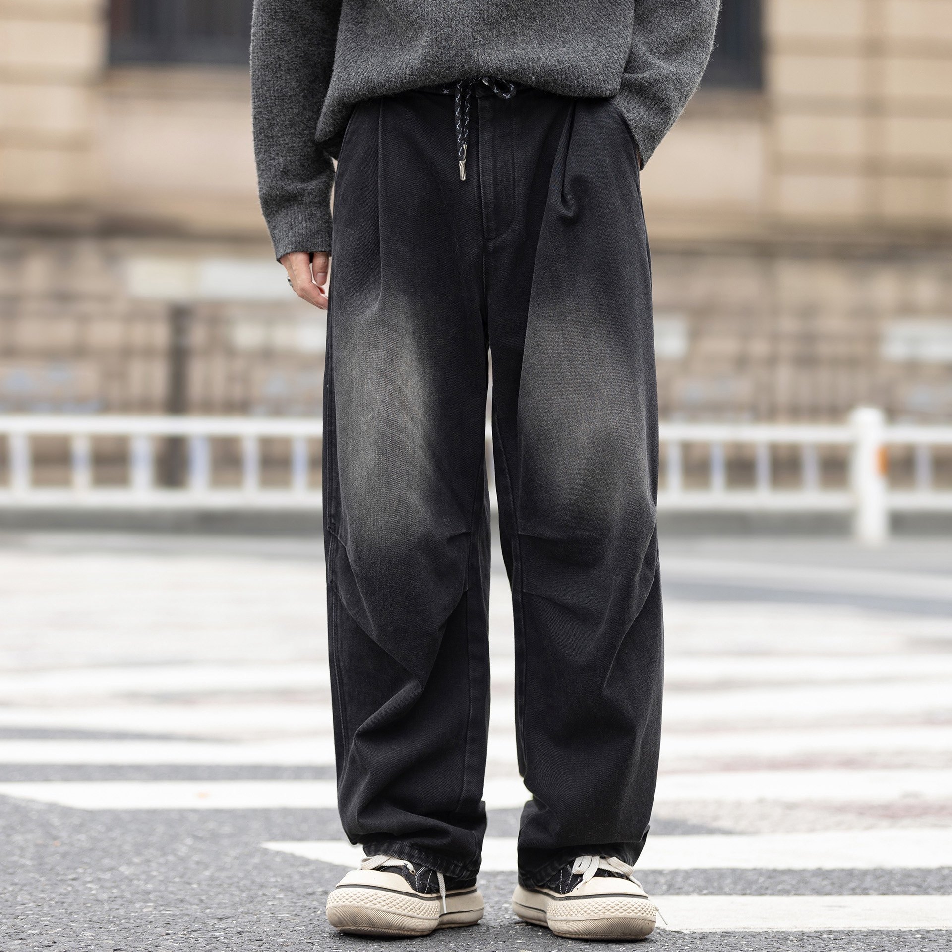 2026春季新款时尚复古做旧水洗纯棉男士休闲裤潮流直筒阔腿弯刀裤,男装,休闲裤,淘宝优惠券,粉丝福利购,淘宝优惠卷