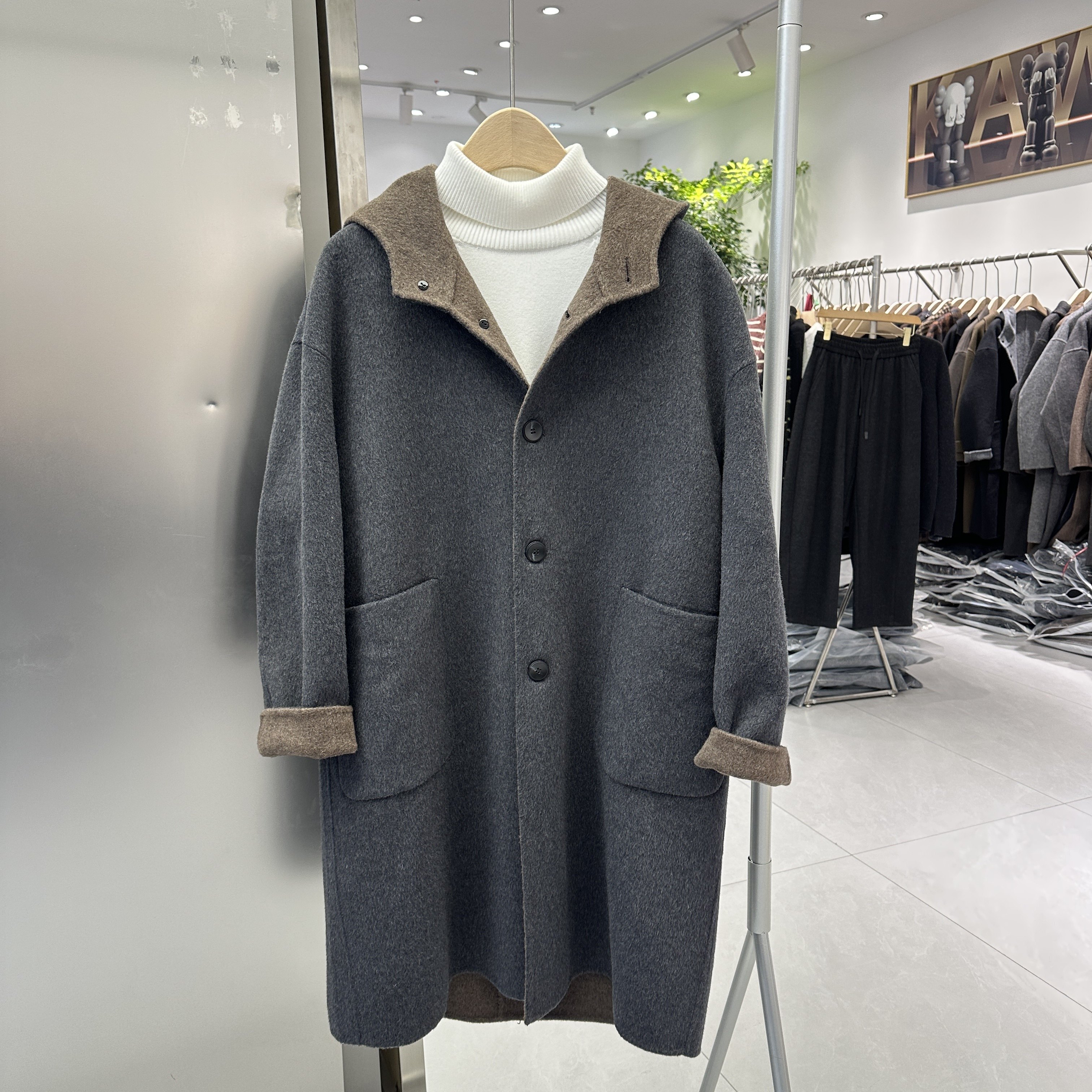 2025冬季新款双面羊绒大衣男中长款时尚连帽青年韩版毛呢大衣外套,男装,毛呢大衣,淘宝优惠券,粉丝福利购,淘宝优惠卷