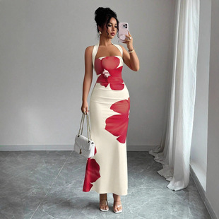 dress banquet Slim Hanging printed long fit woman neck