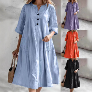 collar Spring dress mid 裙 loose length linen Ladies cotton