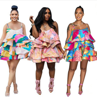 女裙 Sexy woman Layered printing Fishbone Strap Dress Summer