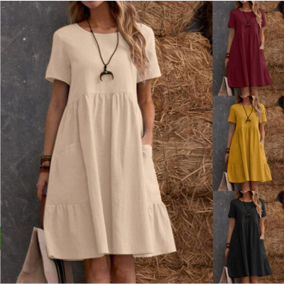 女裙Summer retro loose cotton linen dress A-line skirt women
