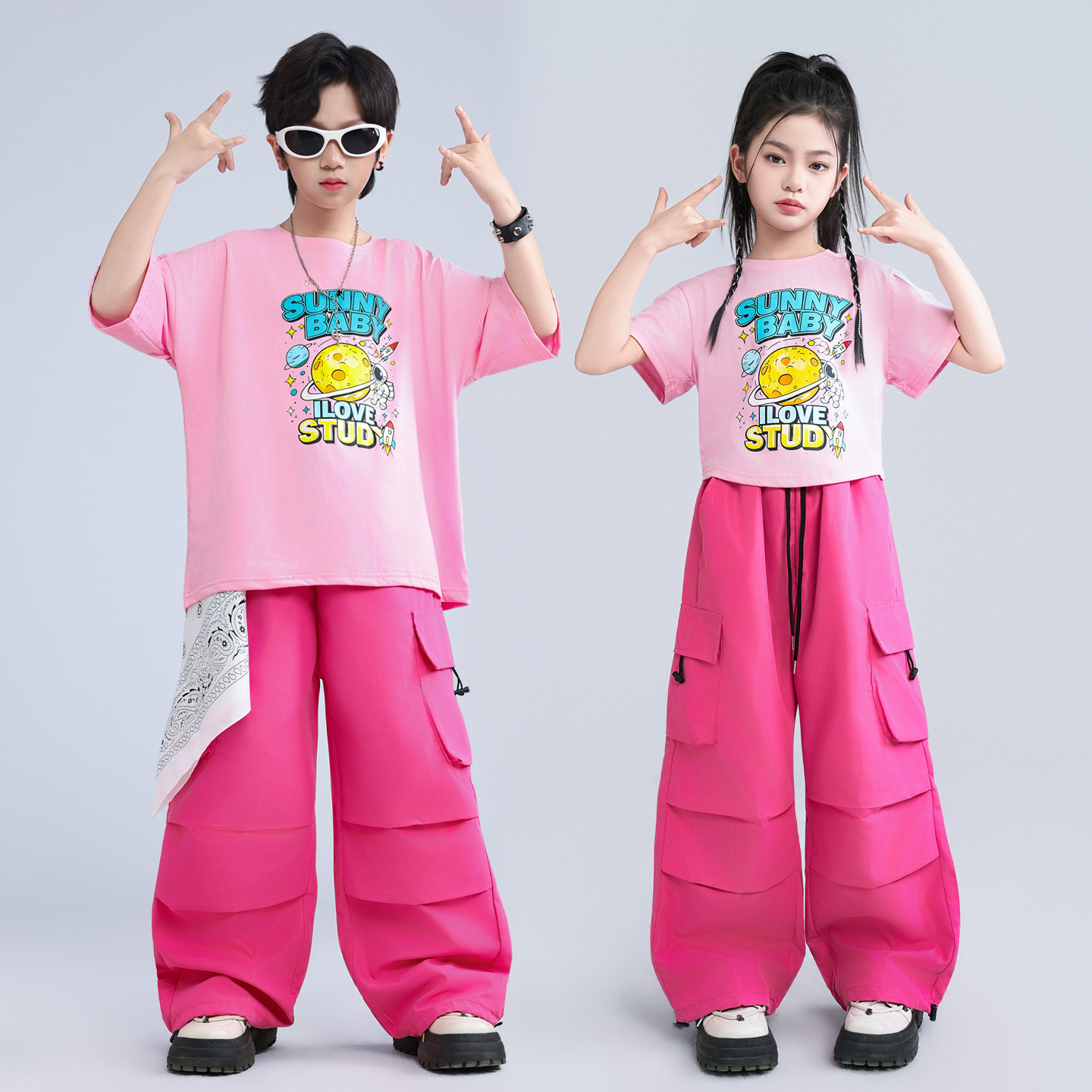 嘻哈街舞儿童潮服女童爵士舞服装男童架子鼓表演服运动会粉色套装