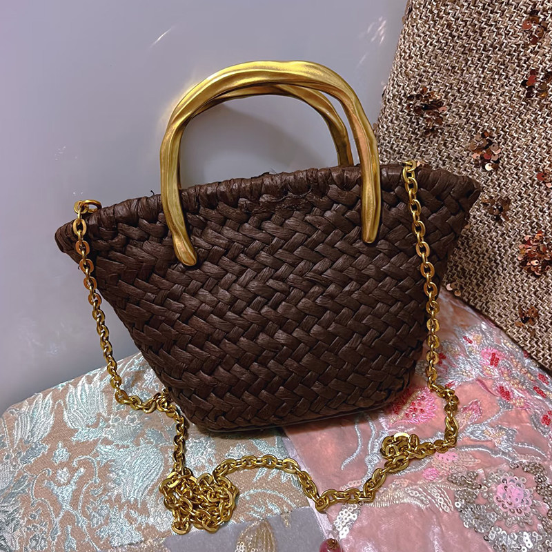 小众设计编织包手提包金属手柄复古风草编包斜跨包女包包2026新款