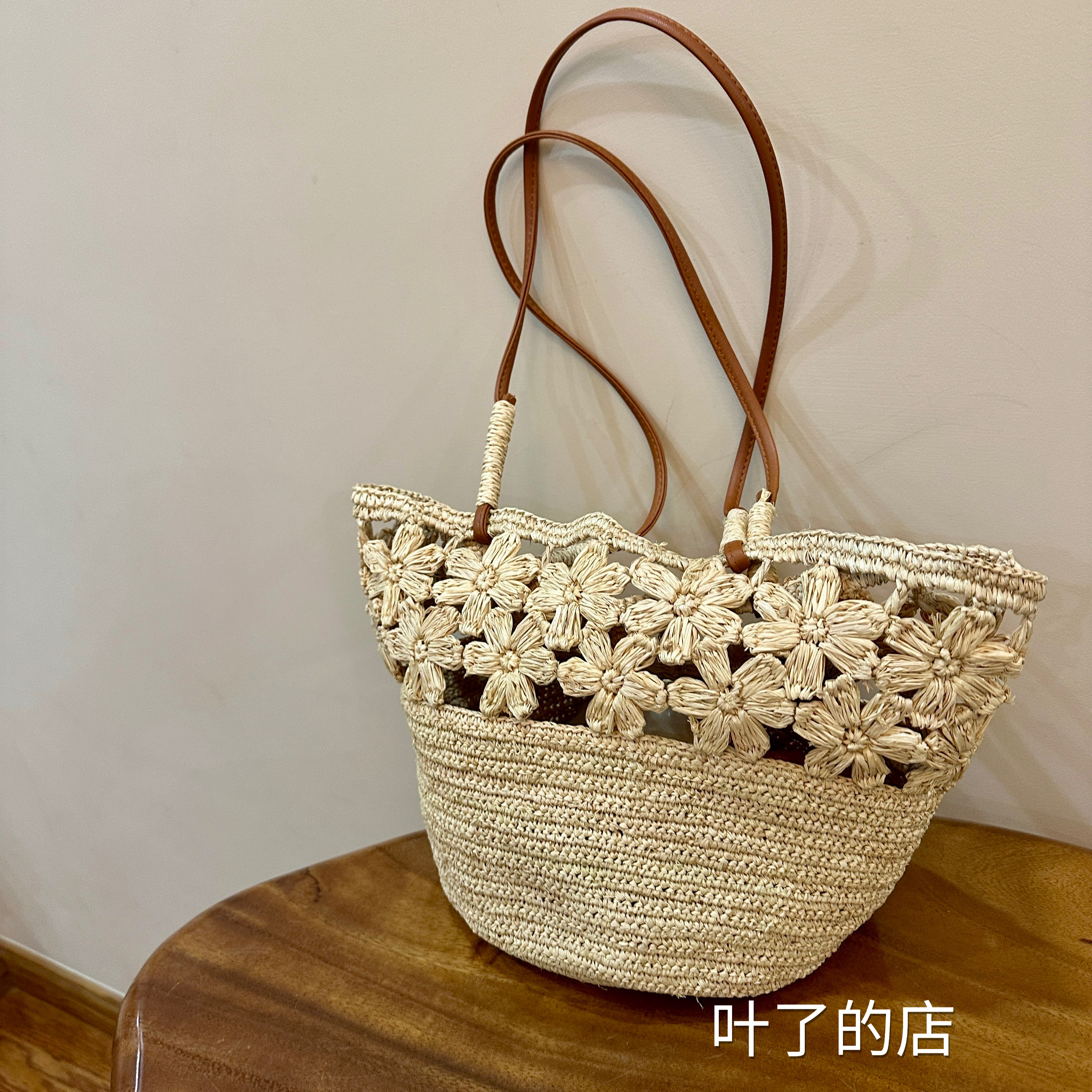 法式拉菲草手钩编织包包女夏海边度假沙滩镂空花边单肩手提包