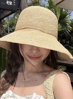 【拉菲草】可折叠草帽女文艺简约草编渔夫帽夏季遮阳防晒太阳帽