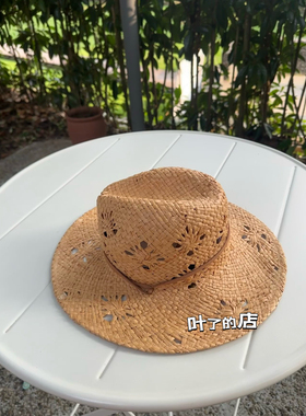 【设计款】拉菲草儿童卷边带绑带草帽户外镂空防晒遮阳沙滩草帽