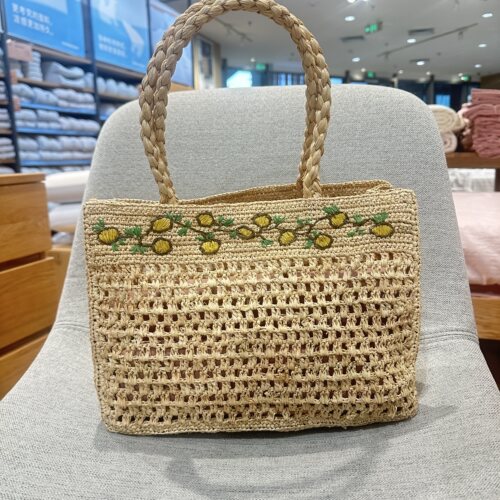 2026新款拉菲草手工编织包女夏季海边度假沙滩大容量腋下柠檬花